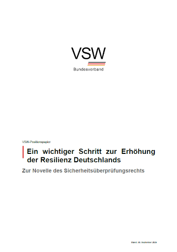 Titelbild eines VSW-Publikationsdokuments mit dem Titel „Ein wichtiger Schritt zur Erhöhung der Resilienz Deutschlands“.